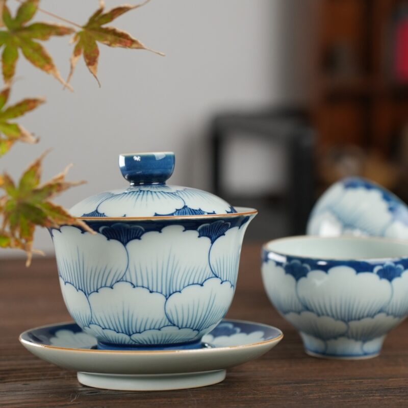 1 Handmade Vintage Ceramics Qinghua Peony 120ml Gaiwan Tea Set