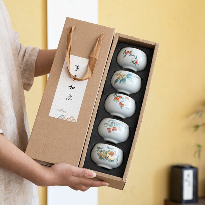 1 Hand-painted Persimmon Ru Ware Tea Cup Set