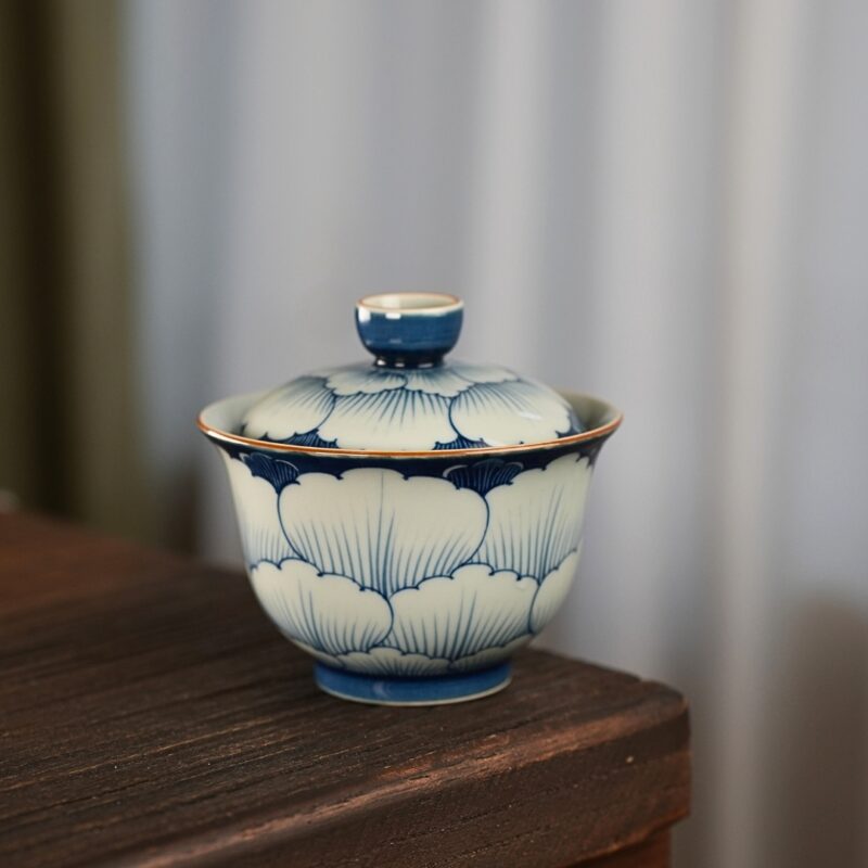 13 Handmade Vintage Ceramics Qinghua Peony 120ml Gaiwan Tea Set