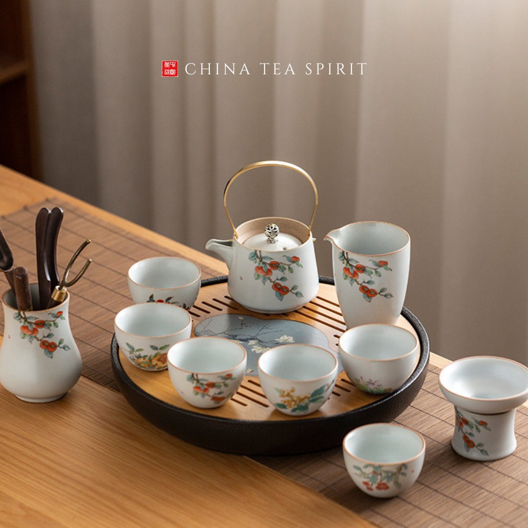 トレイ付き中国茶器セット | 優雅な柿の絵柄 | 陶器 - China Tea Spirit