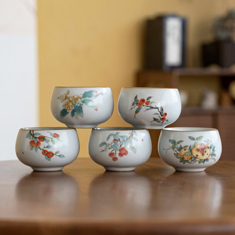 3 Hand-painted Persimmon Ru Ware Tea Cup Set