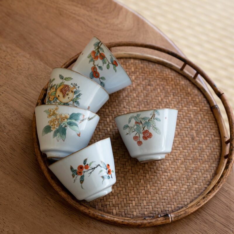 4 Hand-painted Persimmon Ru Ware Tea Cup Set