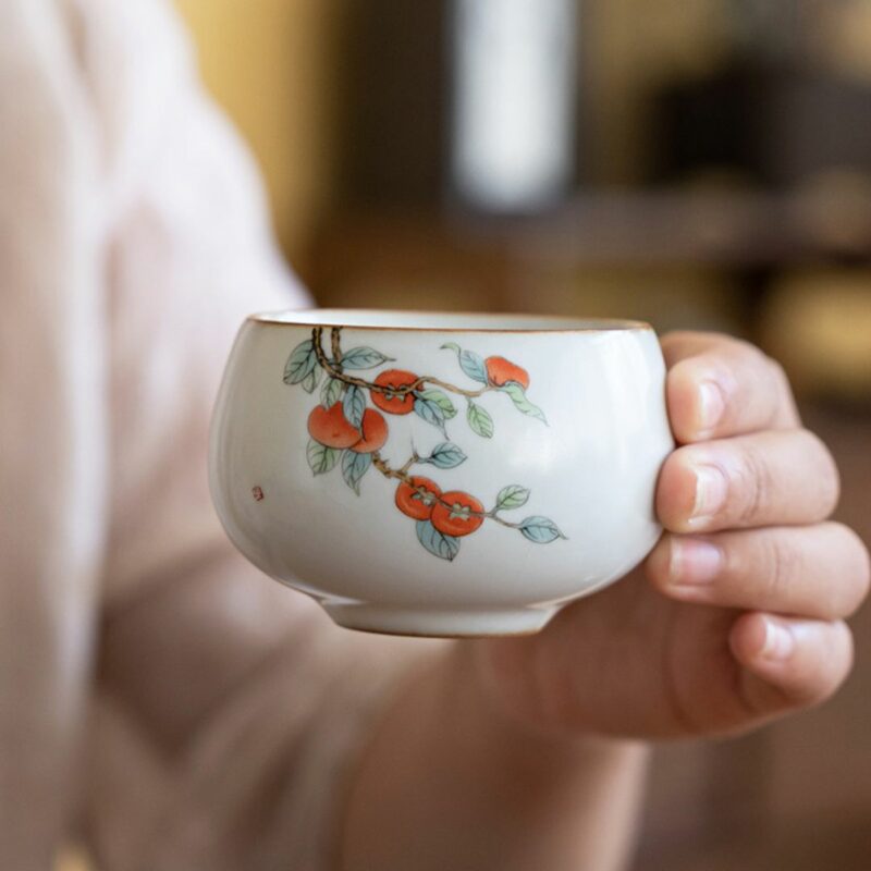 5 Hand-painted Persimmon Ru Ware Tea Cup Set