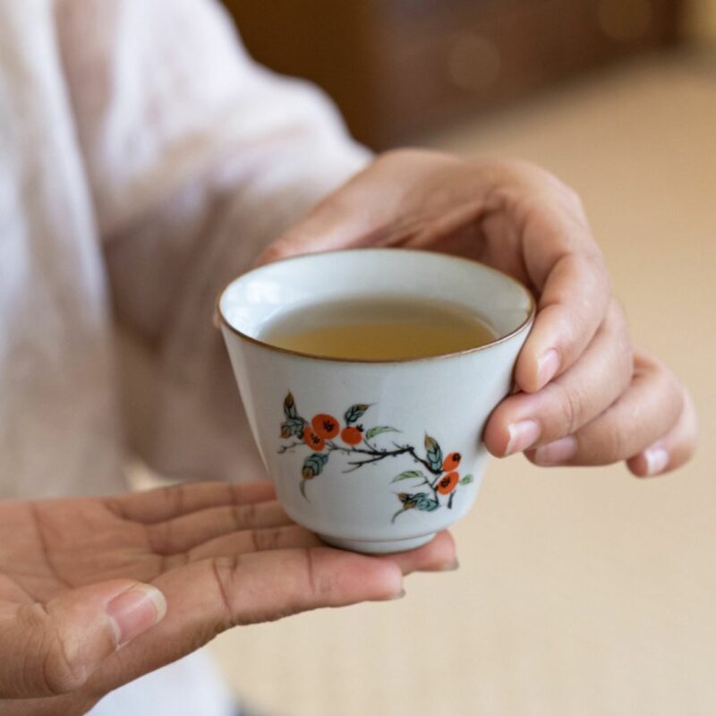 6 Hand-painted Persimmon Ru Ware Tea Cup Set