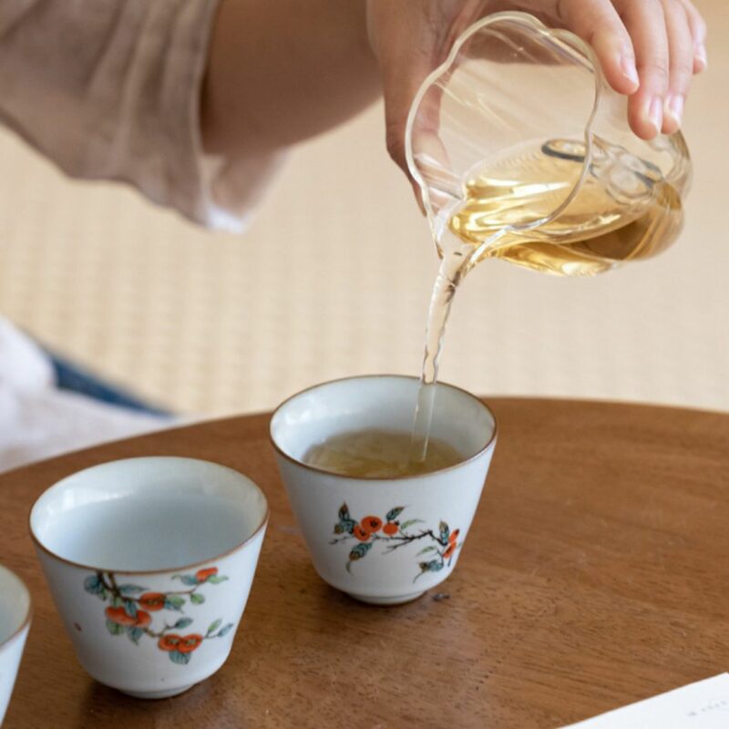 7 Hand-painted Persimmon Ru Ware Tea Cup Set
