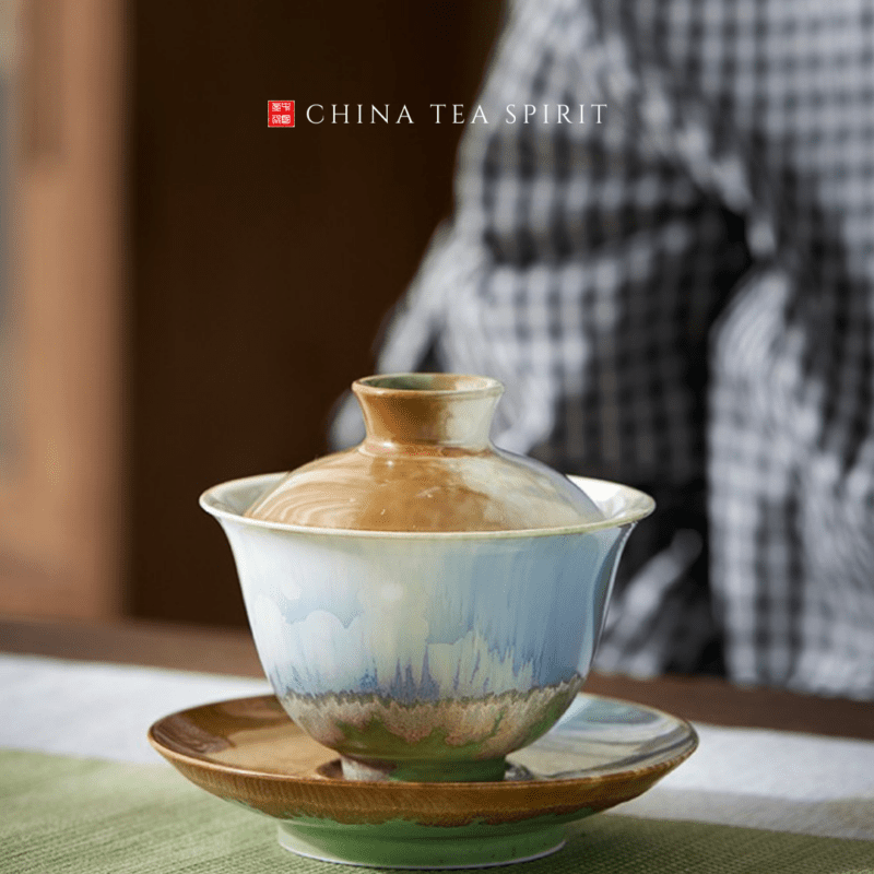Kiln Transmutation Ceramic Gradient Green Gaiwan (1)