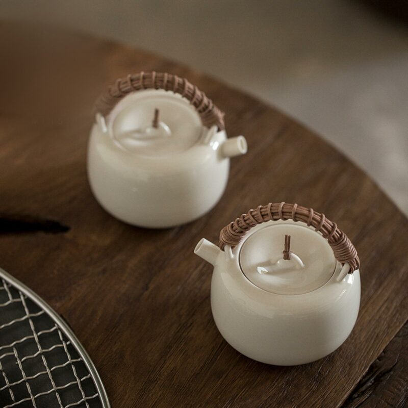Rattan Handle Milky White Ceramic Kung Fu Teapot