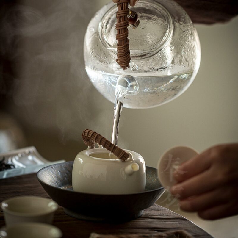 Rattan Handle Milky White Ceramic Kung Fu Teapot