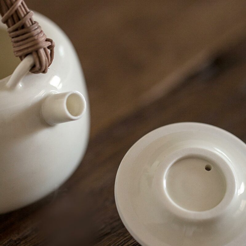 Rattan Handle Milky White Ceramic Kung Fu Teapot