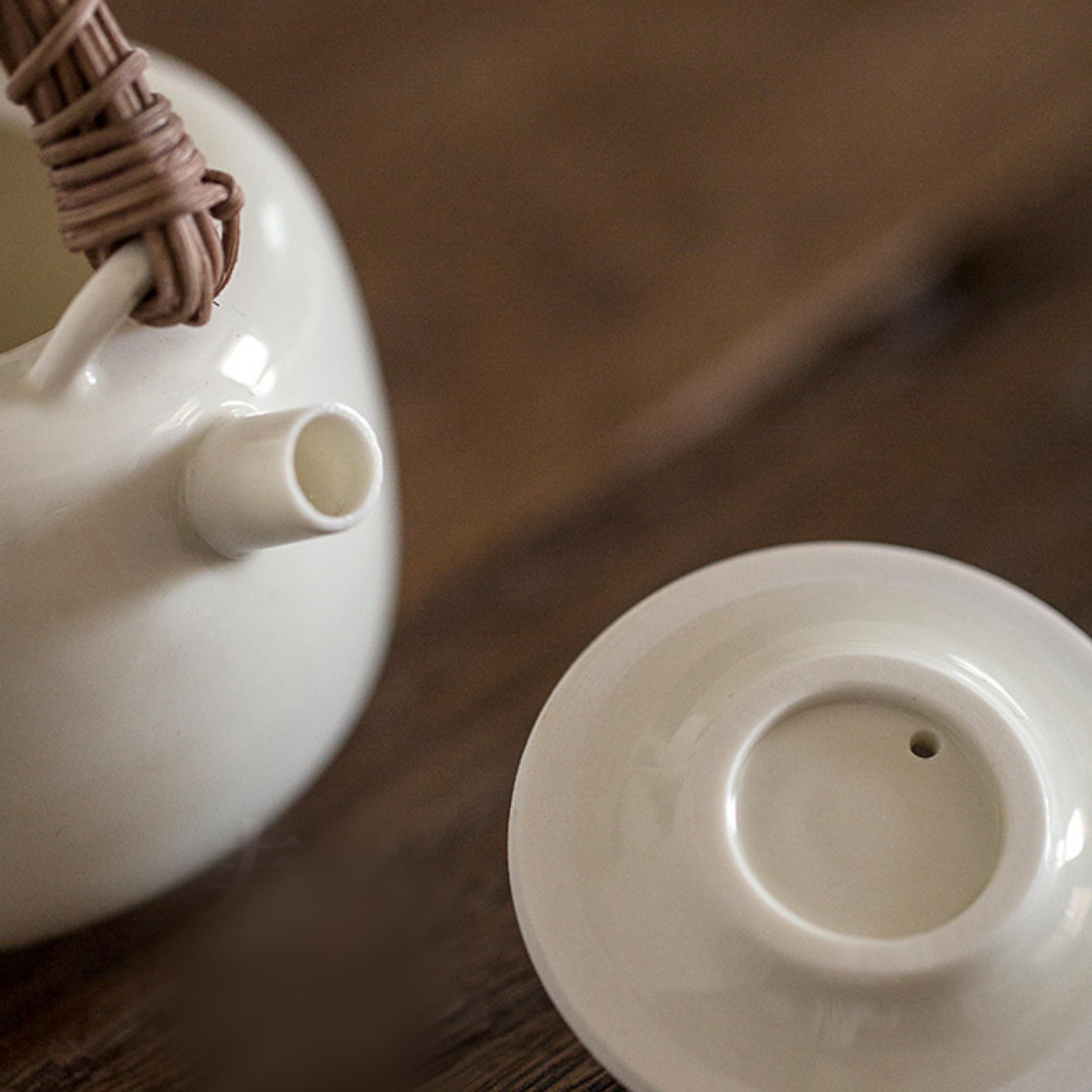 Rattan Handle Milky White Ceramic Kung Fu Teapot China Tea Spirit