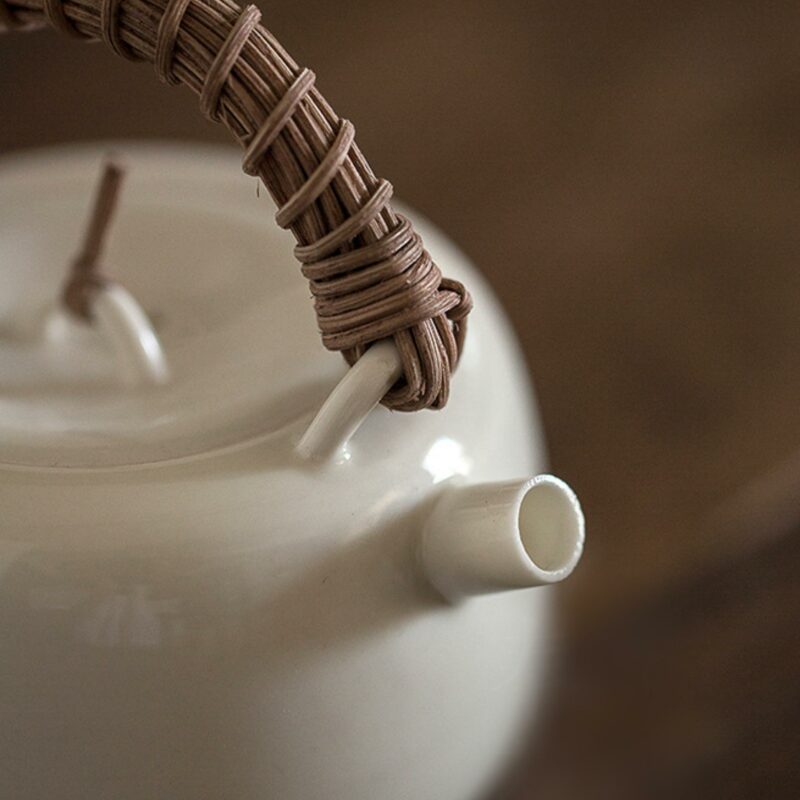 Rattan Handle Milky White Ceramic Kung Fu Teapot