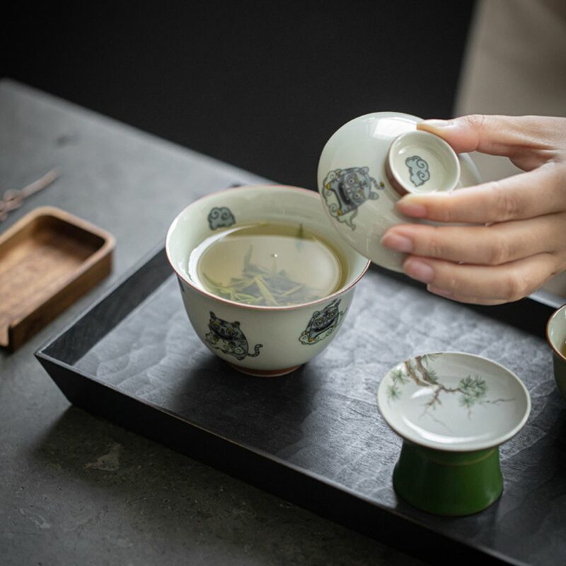 Creative Grey Glaze Ceramic Cute Lucky Tiger Gaiwan