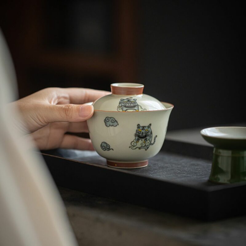 Creative Grey Glaze Ceramic Cute Lucky Tiger Gaiwan