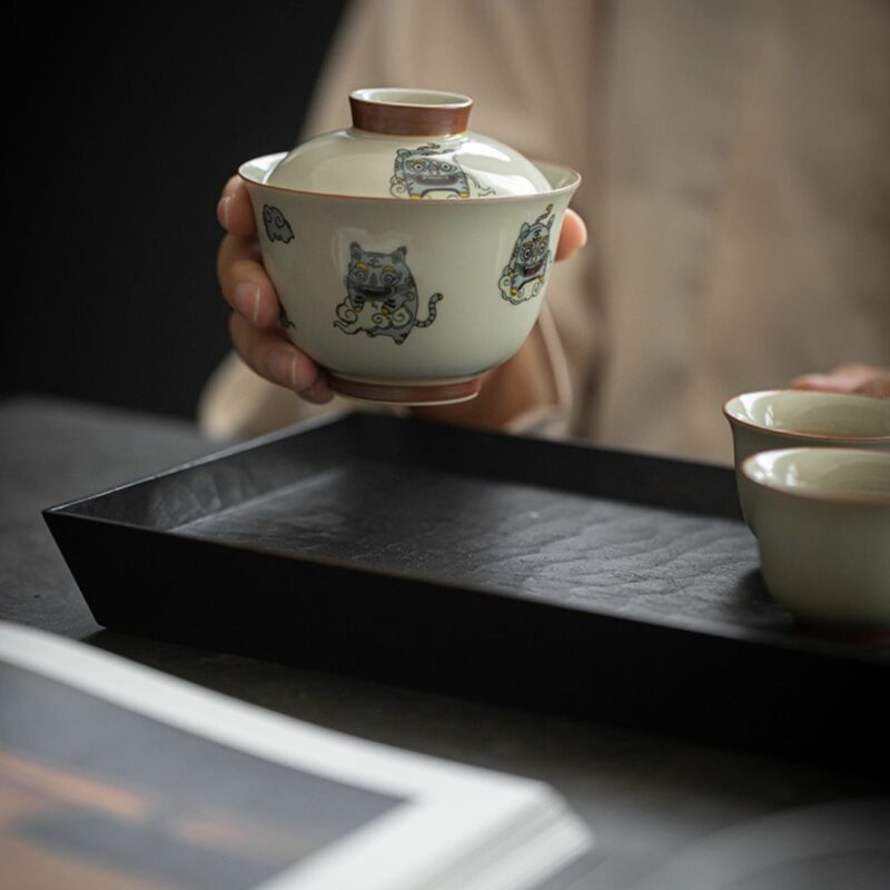 Creative Grey Glaze Ceramic Cute Lucky Tiger Gaiwan