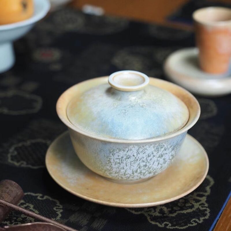 Handmade Kiln Transmutation Ceramic Pine Needle Pattern Gaiwan