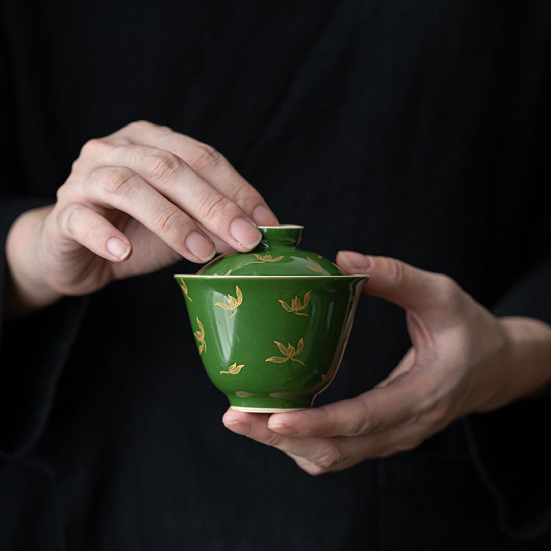 中国風 陶器製 エメラルド 秋の蘭 金色絵付け 150ml 蓋碗 - China Tea