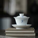 Simple Chic Ceramic Jade White Porcelain Hand painted Autumn Water and Orchids Gaiwan