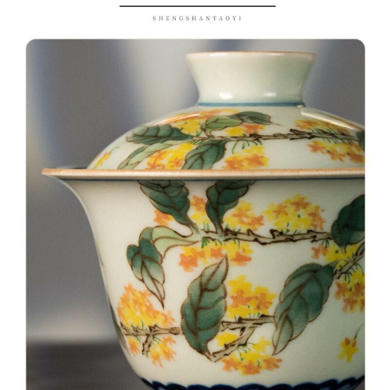 Handmade Qinghua Wucai Ceramic A Garden of Osmanthus 100ml Gaiwan