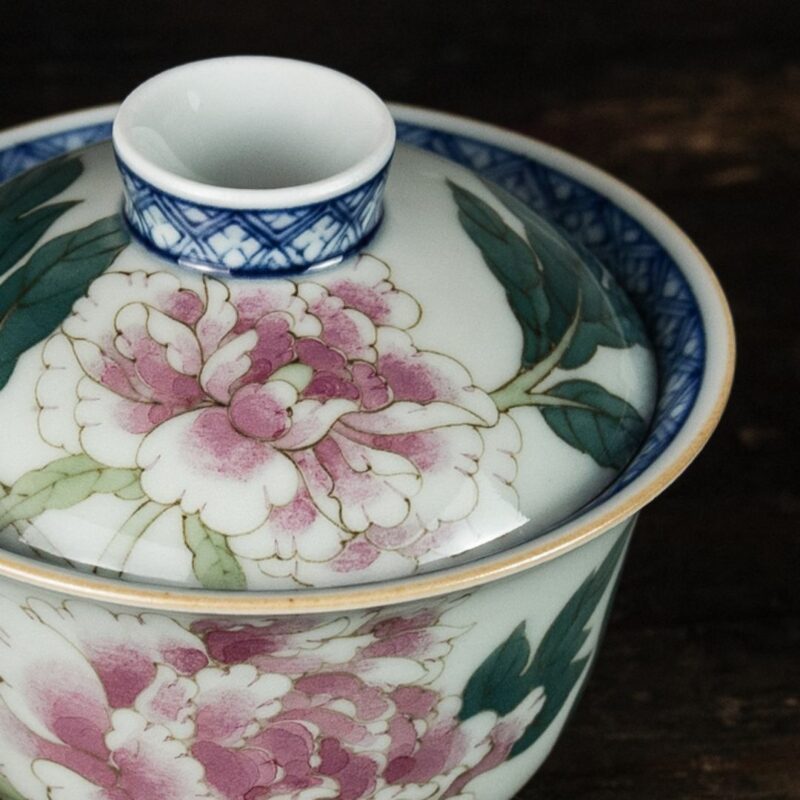 Handmade Wucai Qinghua Ceramic Poeny Blossom 110ml Gaiwan
