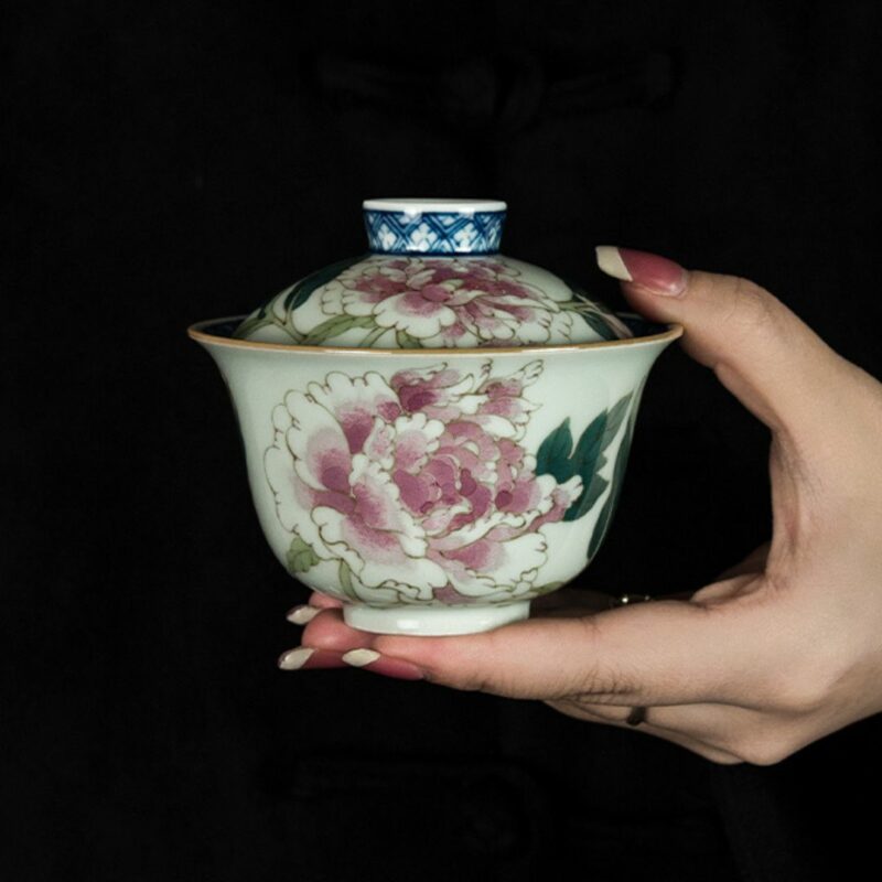 Handmade Wucai Qinghua Ceramic Poeny Blossom 110ml Gaiwan