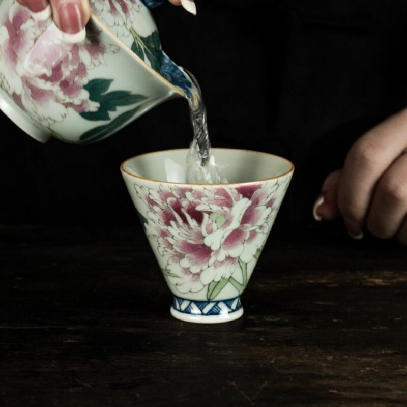 Handmade Wucai Qinghua Ceramic Poeny Blossom 110ml Gaiwan