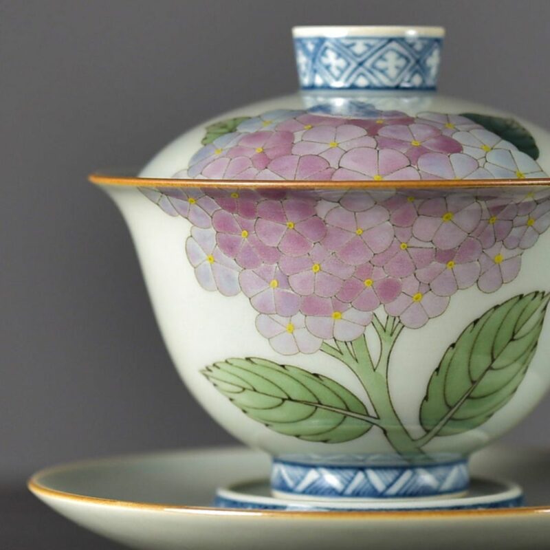Hand-painted Vintage Ceramics Butterfly dance in hydrangea Gaiwan Tea Set
