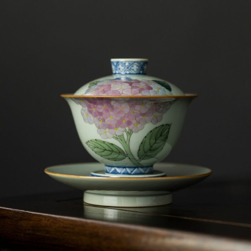 Hand-painted Vintage Ceramics Butterfly dance in hydrangea Gaiwan Tea Set