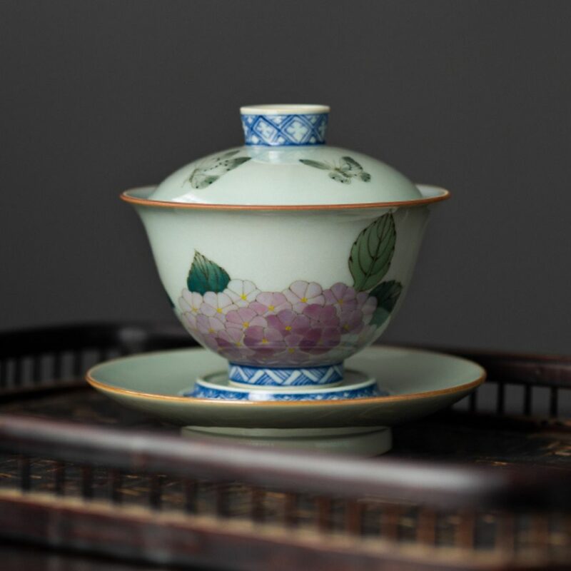 Hand-painted Vintage Ceramics Butterfly dance in hydrangea Gaiwan Tea Set