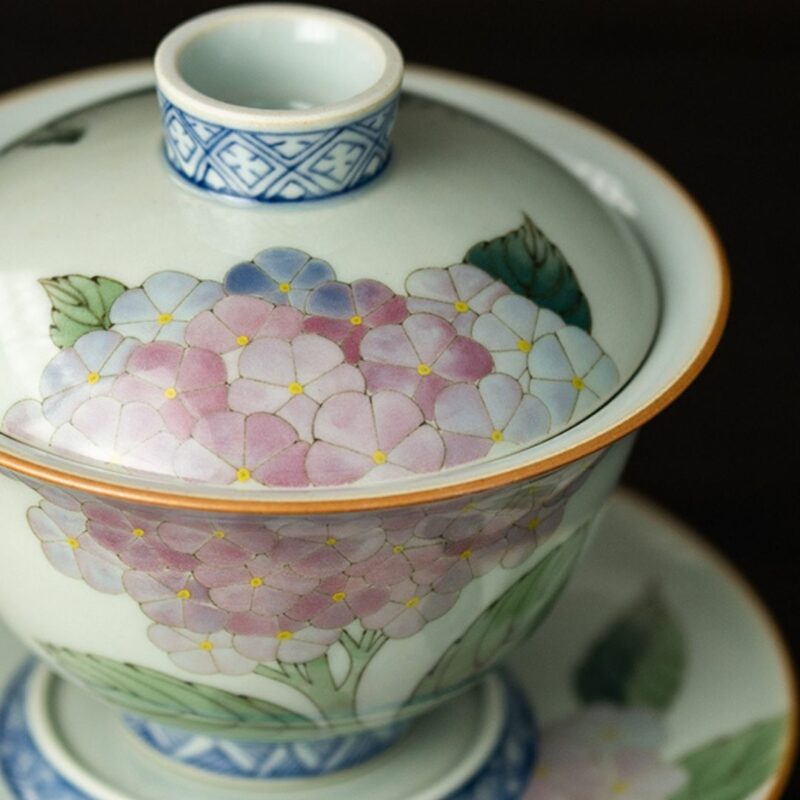 Hand-painted Vintage Ceramics Butterfly dance in hydrangea Gaiwan Tea Set