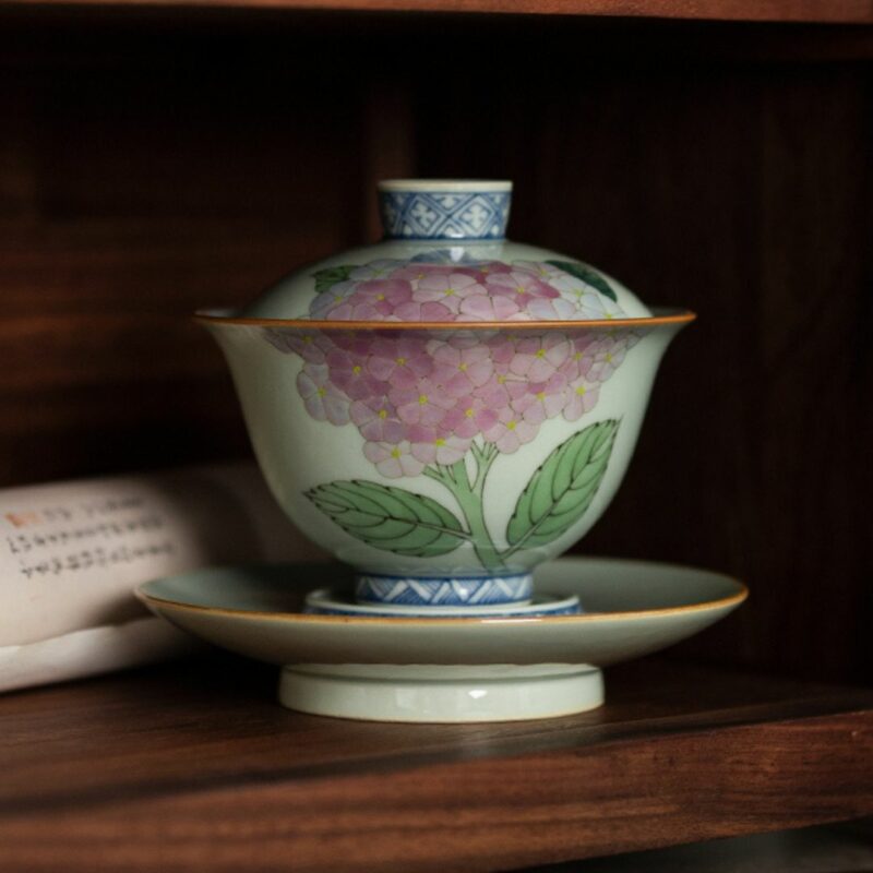 Hand-painted Vintage Ceramics Butterfly dance in hydrangea Gaiwan Tea Set