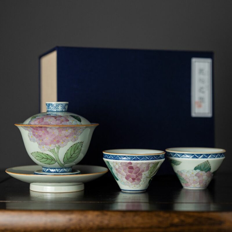 Hand-painted Vintage Ceramics Butterfly dance in hydrangea Gaiwan Tea Set