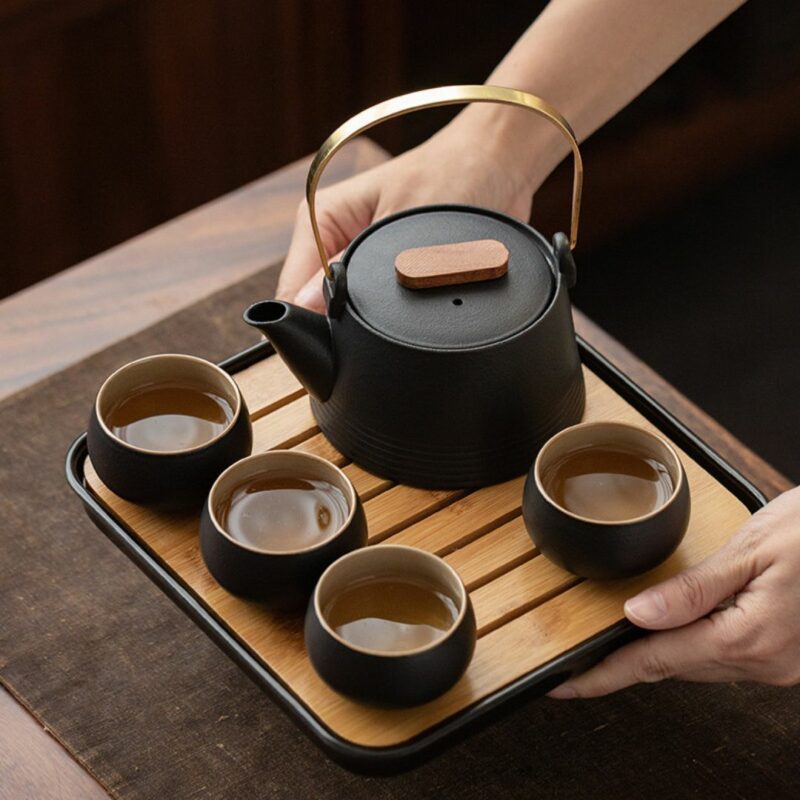 Japanese Style Black Pottery Elegant Kung Fu Tea Set With Tea Tray (2) Japanese Style Black Pottery Elegant Kung Fu Tea Set With Tea Tray