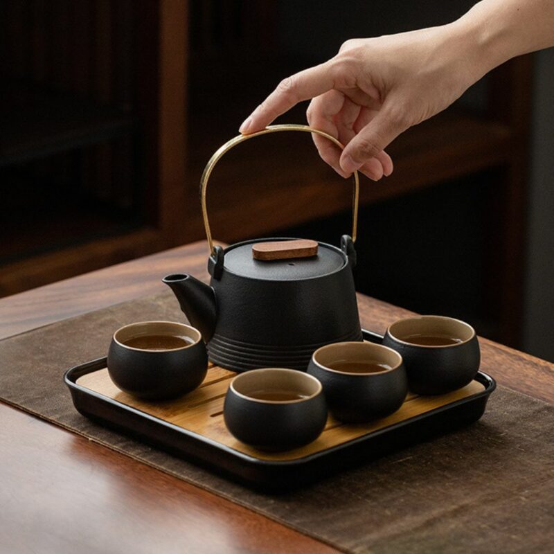 Japanese Style Black Pottery Elegant Kung Fu Tea Set With Tea Tray (7) Japanese Style Black Pottery Elegant Kung Fu Tea Set With Tea Tray