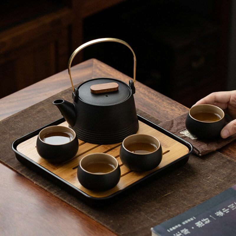 Japanese Style Black Pottery Elegant Kung Fu Tea Set With Tea Tray (8) Japanese Style Black Pottery Elegant Kung Fu Tea Set With Tea Tray