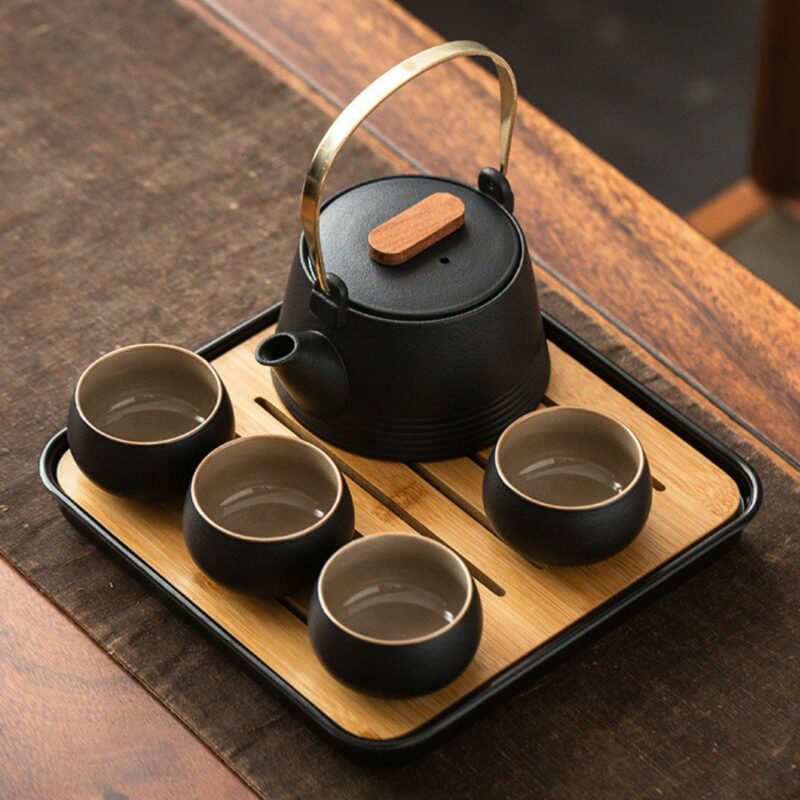 Japanese Style Black Pottery Elegant Kung Fu Tea Set With Tea Tray (9) Japanese Style Black Pottery Elegant Kung Fu Tea Set With Tea Tray