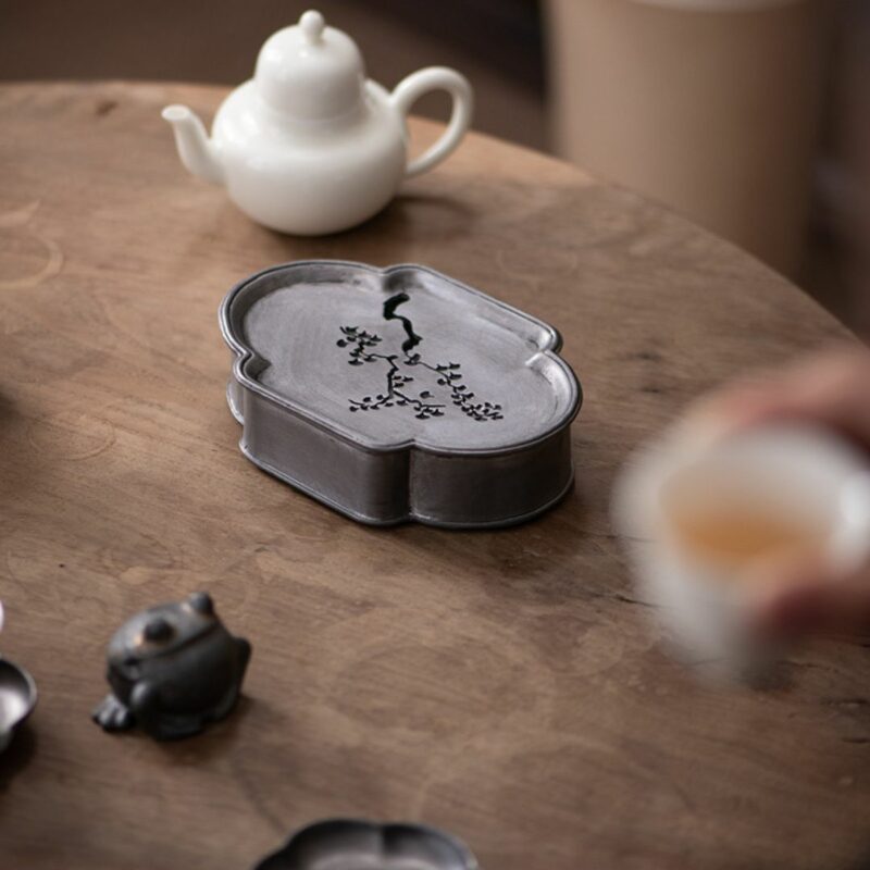 Handmade Tin Gingko Pattern Kung Fu Tea Boat (2) Handmade Tin Gingko Pattern Kung Fu Tea Boat