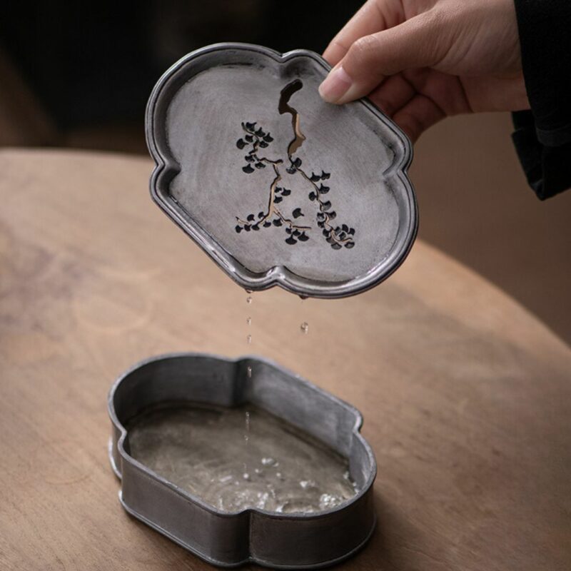 Handmade Tin Gingko Pattern Kung Fu Tea Boat (5) Handmade Tin Gingko Pattern Kung Fu Tea Boat