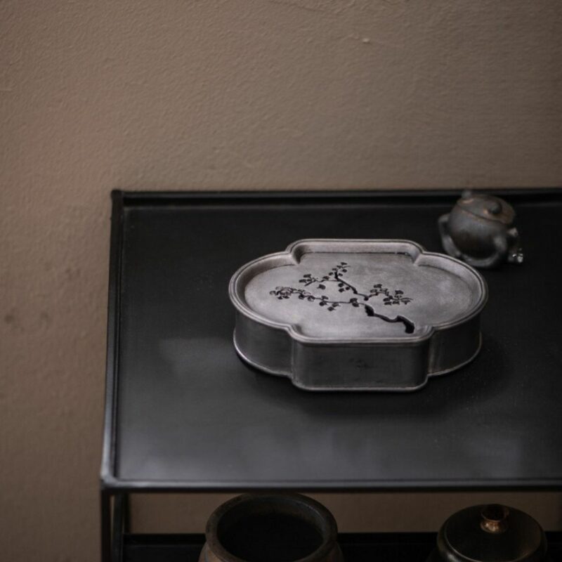 Handmade Tin Gingko Pattern Kung Fu Tea Boat (7) Handmade Tin Gingko Pattern Kung Fu Tea Boat