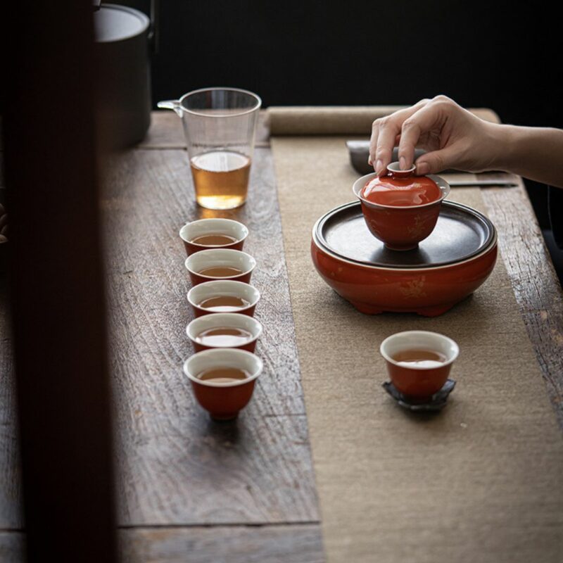 Gilt Painting Ceramic Red Glaze100ml Gaiwan (7) Gilt Painting Ceramic Red Glaze 100ml Gaiwan