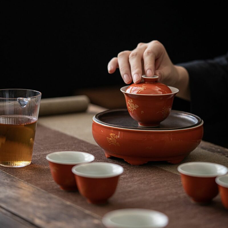 Gilt Painting Ceramic Red Glaze100ml Gaiwan (8) Gilt Painting Ceramic Red Glaze 100ml Gaiwan