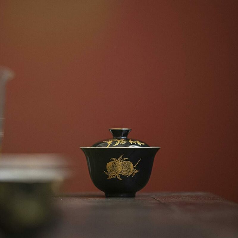 Gilt Painting Ceramic Black Glaze Peach 110ml Gaiwan