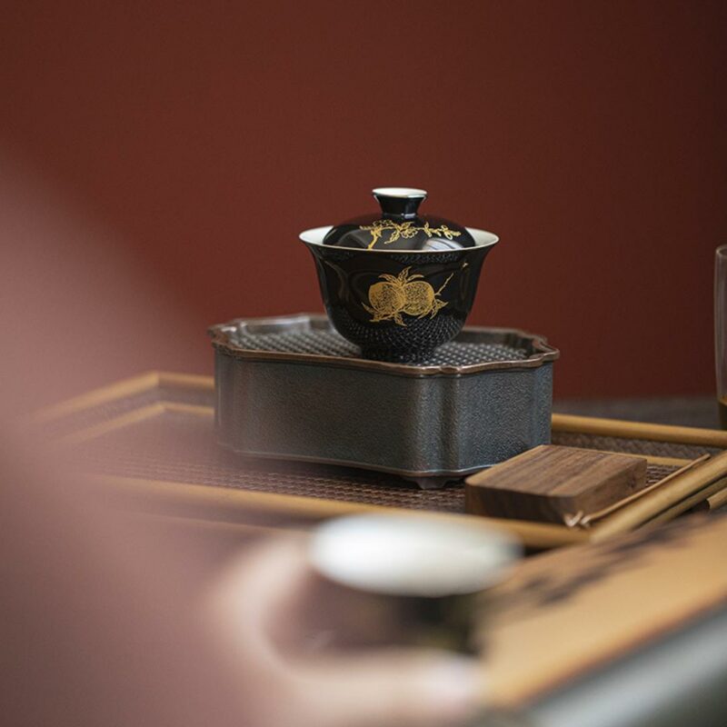 Gilt Painting Ceramic Black Glaze Peach 110ml Gaiwan