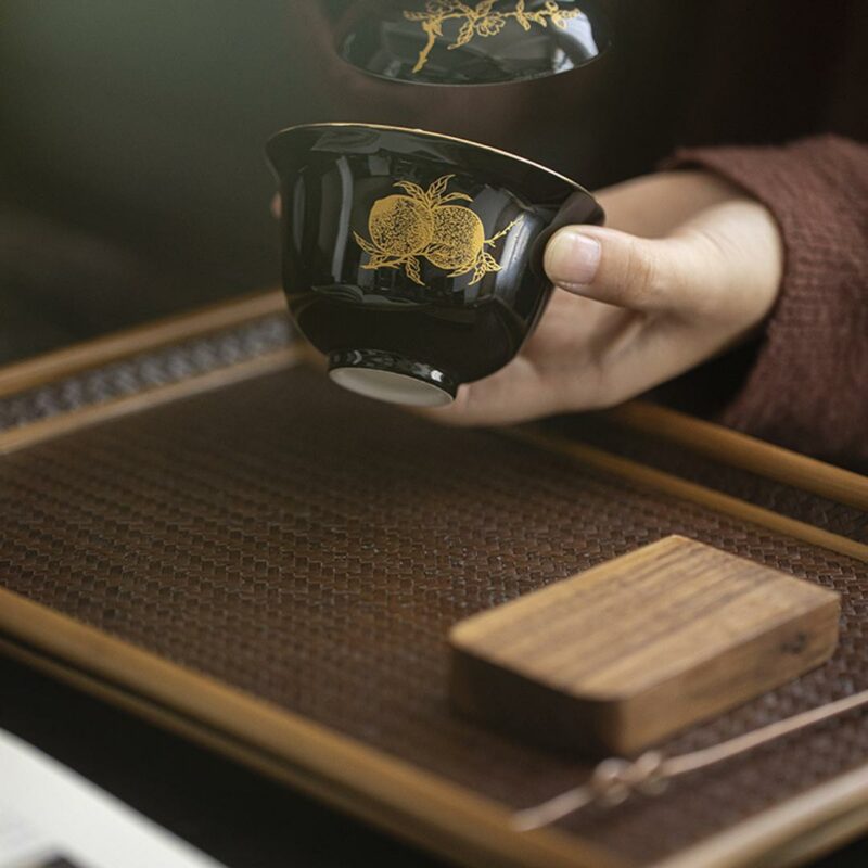 Gilt Painting Ceramic Black Glaze Peach 110ml Gaiwan