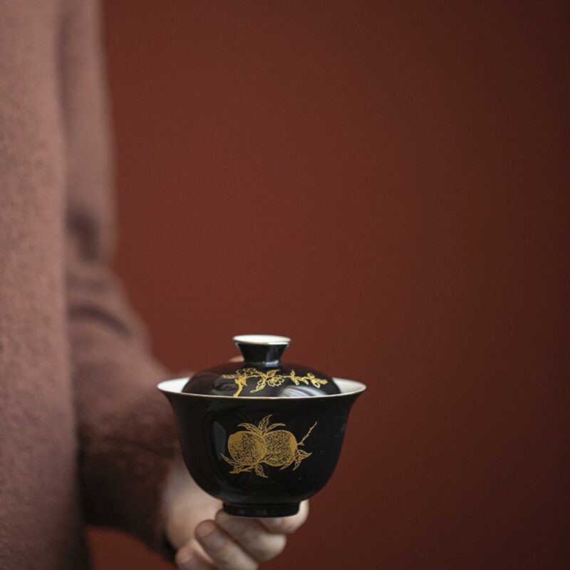 Gilt Painting Ceramic Black Glaze Peach 110ml Gaiwan