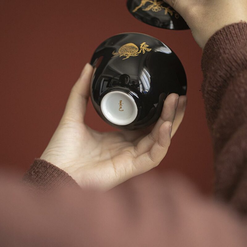 Gilt Painting Ceramic Black Glaze Peach 110ml Gaiwan