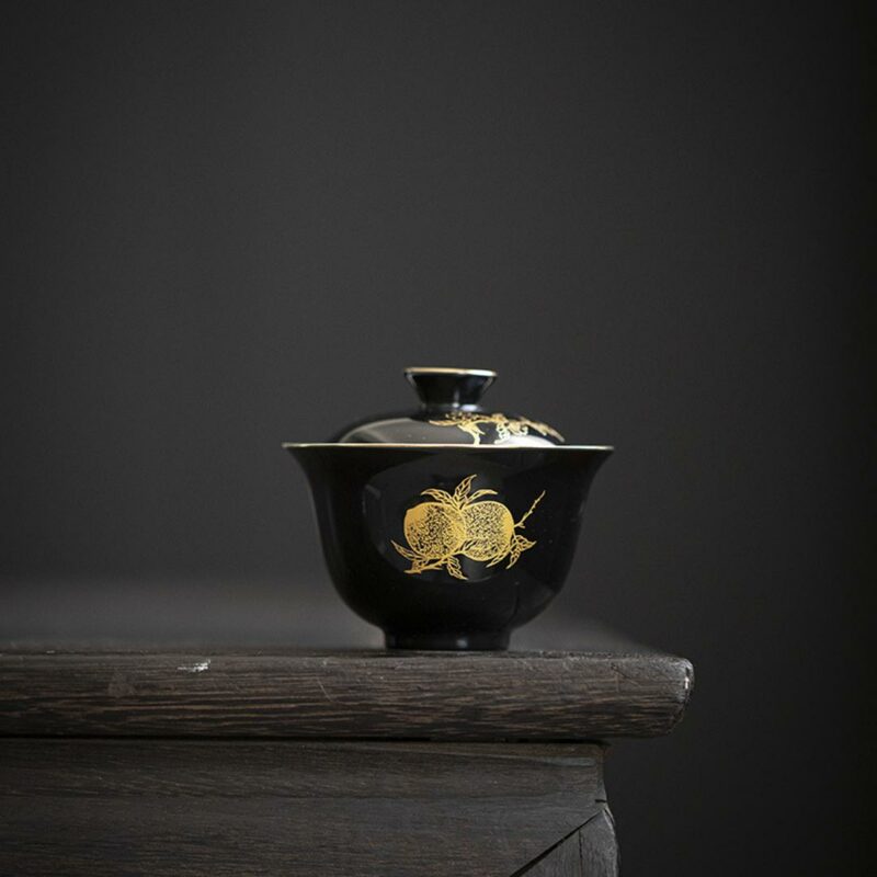 Gilt Painting Ceramic Black Glaze Peach 110ml Gaiwan