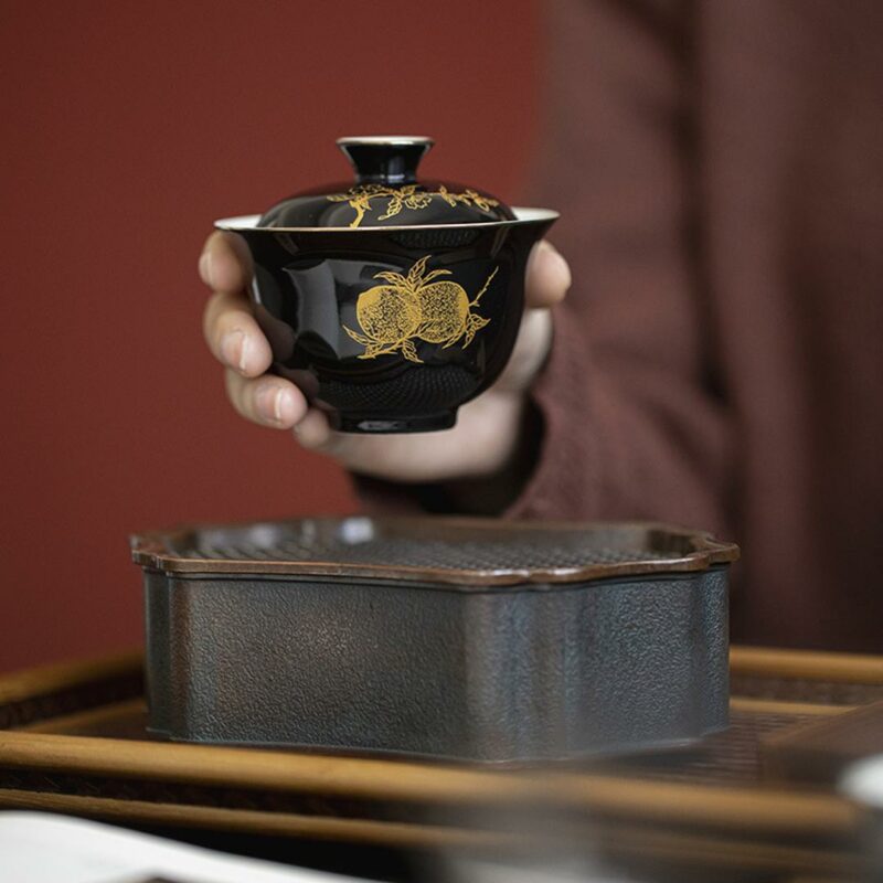 Gilt Painting Ceramic Black Glaze Peach 110ml Gaiwan