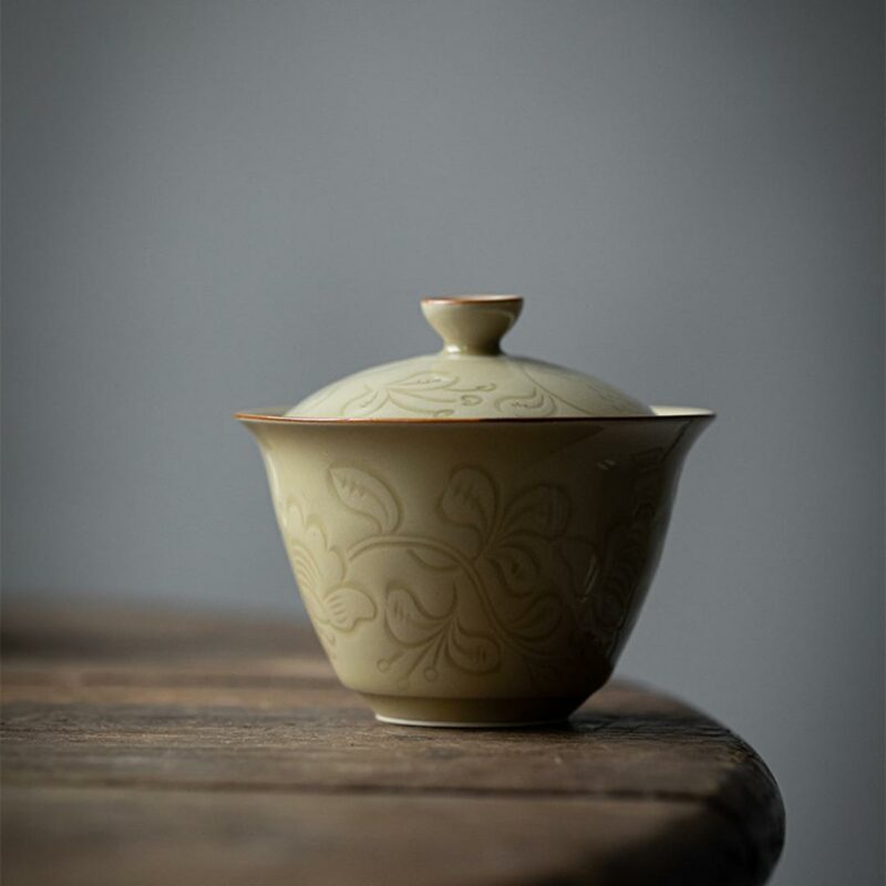 438-13 Relief Sculpture Ceramic Ding Ware Succulent Branch 130ml Gaiwan