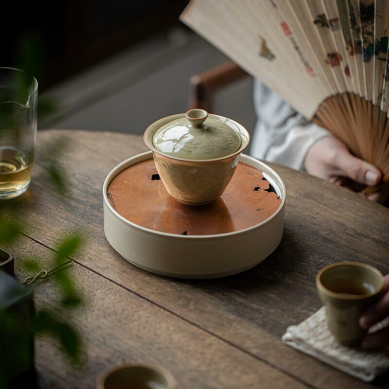 438-6 Relief Sculpture Ceramic Ding Ware Succulent Branch 130ml Gaiwan