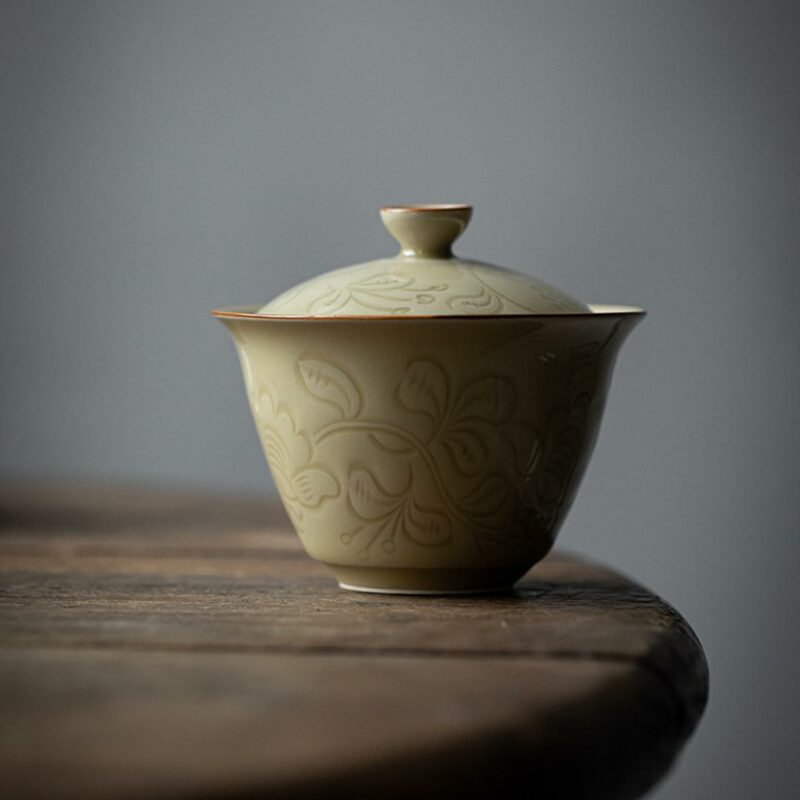 438-9 Relief Sculpture Ceramic Ding Ware Succulent Branch 130ml Gaiwan